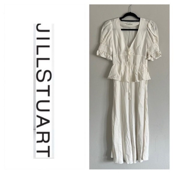 Jill Stuart Cream V-Neck Puff Sleeve Midi Dress - Picture 6 of 6